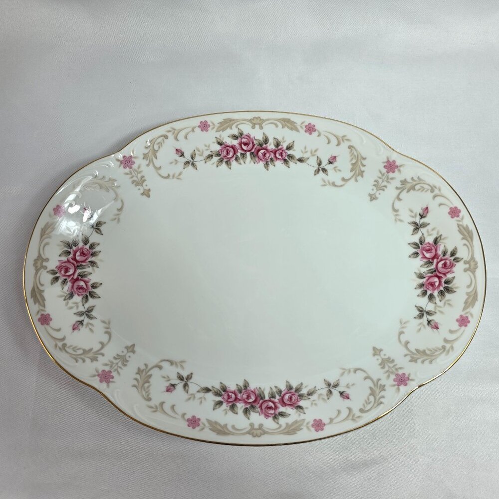 Harmony House Cascade 12 Inch Serving Platter White with Pink Roses Gray Leaves